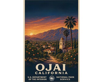 Ojai California Travel Poster | Vintage Spanish Mission Landscape Print | WPA Style Art