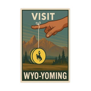 Visit WYO-YOMING, Retro Travel Poster Featuring Cowboy Yo-Yo Art, Vintage-Inspired Wyoming Print