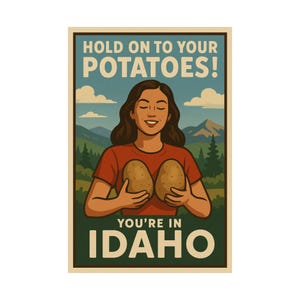 Funny Idaho Potato Print: Vintage Travel Poster, Rustic Kitchen Art
