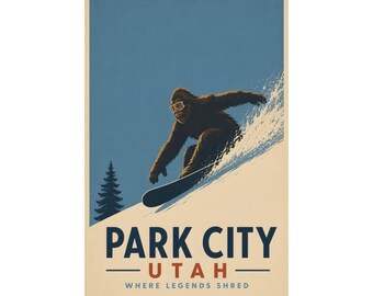 Park City, Utah Bigfoot Snowboarding Poster | Funny Ski Wall Art | Vintage Travel Print