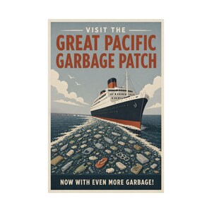 May include: A vintage poster showing a cruise ship navigating through ocean waste. The text says "Visit the Great Pacific Garbage Patch" and "Now with even more garbage!" The ship has a black hull, red details, and a white superstructure.