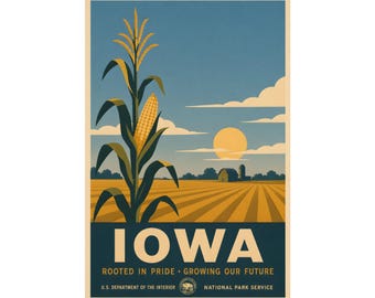 Iowa Corn Field Poster | Vintage Farmhouse Midwest Wall Art (WPA Style)