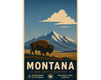 Montana Bison Mountain Print | Vintage Big Sky Country Wall Art (WPA Style)
