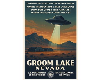 Vintage UFO Art Print, Groom Lake Nevada, Sci-Fi Poster