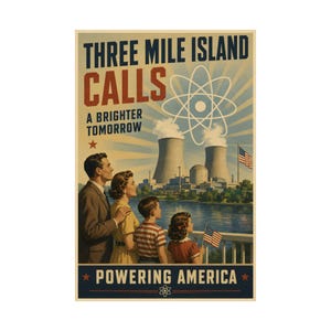 Three Mile Island Calls Poster | Vintage Atomic Age Propaganda Print | Retro Nuclear Power Art | Mid-Century Americana Decor | History Gift