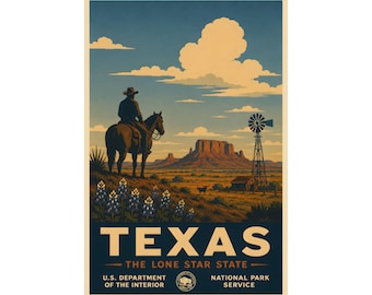 Texas Lone Star State Poster | Vintage Cowboy Desert Landscape Print