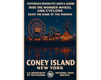 Coney Island Poster, Vintage WPA Style Brooklyn Boardwalk Print