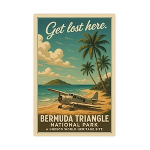 Poster del Triangolo delle Bermuda, stampa di viaggio retrò divertente "Perdetevi qui", stampa murale vintage con incidente aereo
