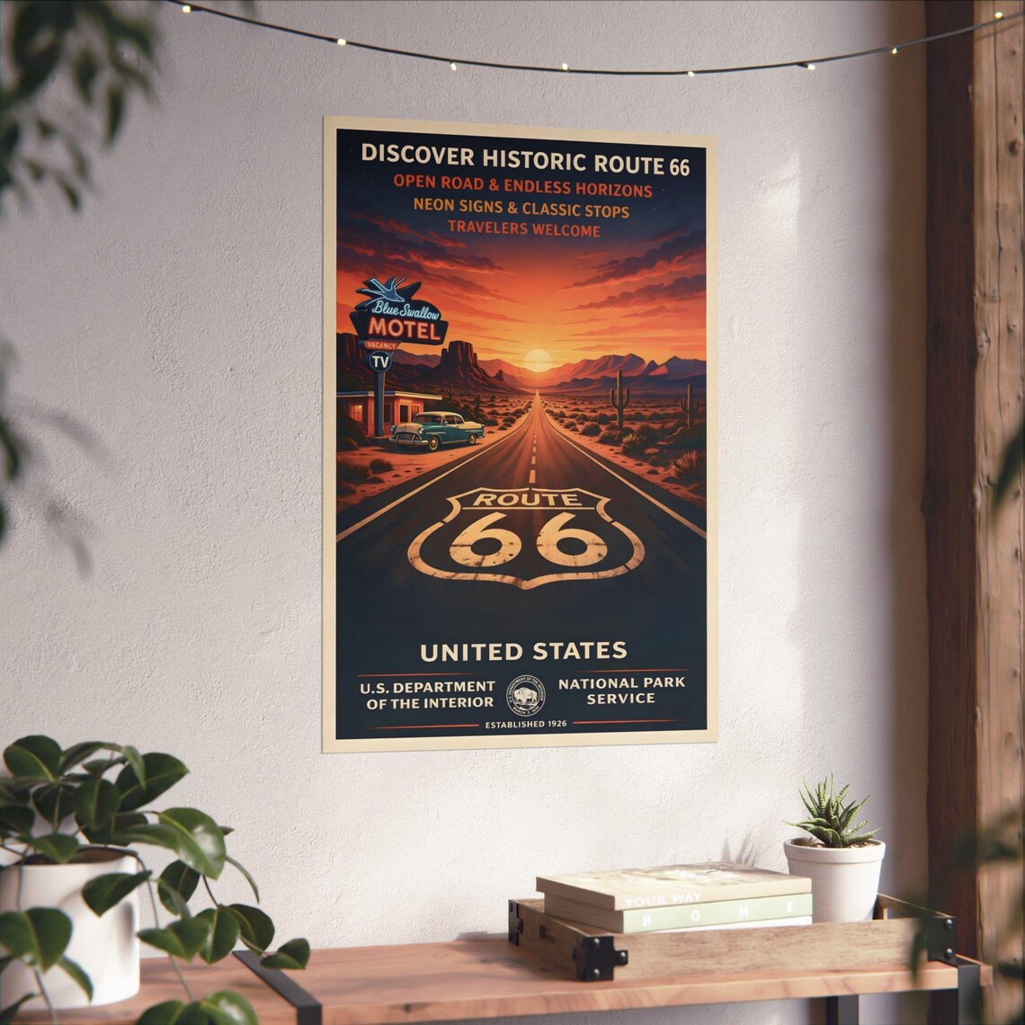 Route 66 Vintage Travel Poster, Retro Americana Road Trip Art, Desert ...