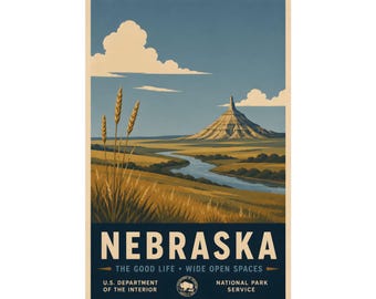 Nebraska Travel Poster | Chimney Rock WPA Style Print | Plains Landscape Art