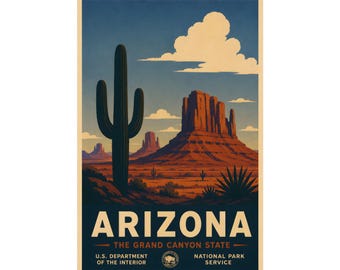 Arizona Monument Valley Poster | Vintage Southwest Desert Saguaro Cactus Print | WPA Style Wall Art