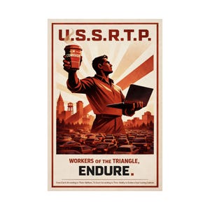 May include: A vintage-style poster with a worker holding a coffee cup and a laptop, with the text "U.S.S.R.T.P." at the top. The poster also includes the words "WORKERS OF THE TRIANGLE, ENDURE."