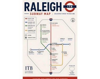Raleigh Subway Map Poster | Inside the Beltline (ITB) Map | Funny Raleigh Wall Art | Raleigh NC Gift | London Underground Style Print