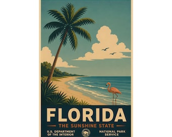 Florida Flamingo Beach Poster | Vintage WPA Style Travel Art
