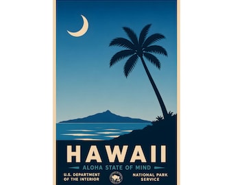 Hawaii Travel Poster | Vintage WPA Style Island Decor | Tropical Beach Print