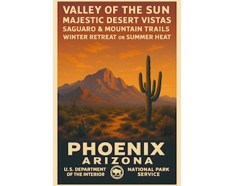 Phoenix Arizona Poster, Vintage WPA Style Wall Art, Desert Cactus & Mountain Print