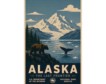 Alaska Travel Poster | Glacier Bay Coastal Print | WPA Style National Park Art