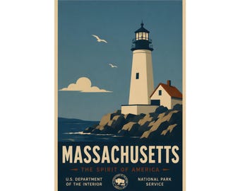 Massachusetts Lighthouse Travel Poster | Boston Light WPA Style Print
