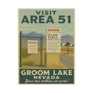 Area 51 Poster, Retro Groom Lake Nevada Print, Funny UFO Alien Government Warning Wall Art, WPA-Style Military Base Decor, Area 51 Wall Art