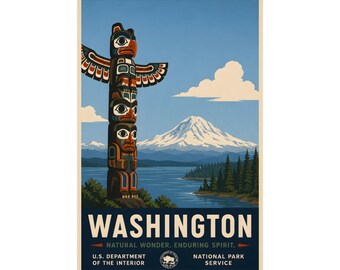 Washington Travel Poster | Mount Rainier Totem Pole Art Print, WPA Style PNW Decor