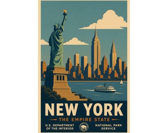New York Travel Poster | Statue of Liberty, Skyline WPA Style Print