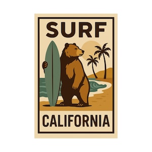 Surf California Bear Art Print: Vintage-Style Beach Decor