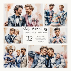 Clipart de boda gay en acuarela - Clipart de orgullo LGBTQ+ - Ilustración romántica de pareja gay - Clipart de boda de novios - Arte digital de hombres gay PNG