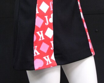 Queen of Hearts altered black A-line mini skirt with vintage 80s fabric panels in red, white, & pink with heart and card suit print