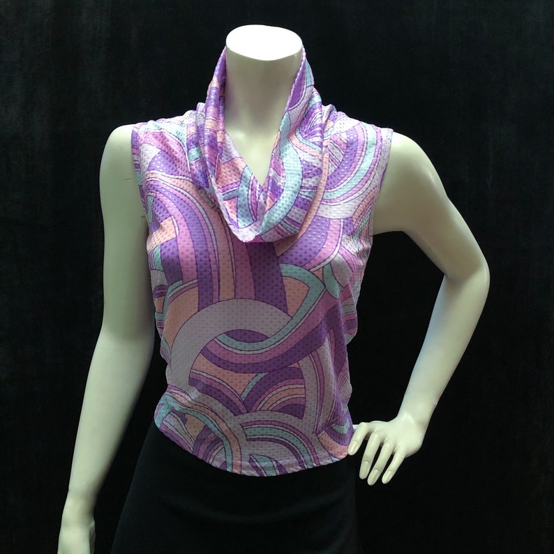 Vintage Y2K stretch sleeveless top with cowl neck and pastel geometric print image 2