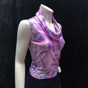 Vintage Y2K stretch sleeveless top with cowl neck and pastel geometric print image 1