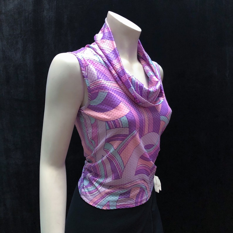 Vintage Y2K stretch sleeveless top with cowl neck and pastel geometric print image 1