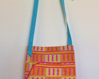 Handmade tote bag with pockets in geometric pink, yellow, orange print made from vintage 70s fabric