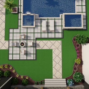 Könnte beinhalten: Draufsicht auf einen Garten mit Swimmingpool, Whirlpools und Terrasse. Der Pool und die Whirlpools haben blaues Wasser. Die Terrasse ist mit weißen Möbeln ausgestattet. Der Garten hat grünes Gras und Landschaftsgestaltung.