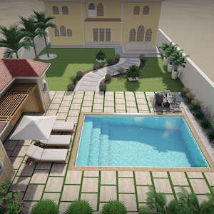 Könnte beinhalten: Eine Luftaufnahme eines Hinterhofs mit einem Schwimmbad, Liegestühlen und einem Patiobereich. Der Pool ist von einer gefliesten Terrasse umgeben und es gibt üppige grüne Pflanzen und Bäume im gesamten Garten.