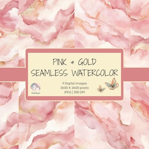 Blush Pink & Gold Watercolor Digital Paper | Seamless 12x12 Backgrounds | Scrapbook, Wedding, Planner, Craft Paper | JPEG | 300 DPI