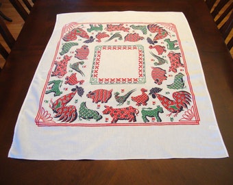 Retro Jumbo Dish Tea Towel 1950s Large Kitchen Towel Red Circles Dishes Cruet Holders Covered Bowls Small Table Cover Tablecloth MCM