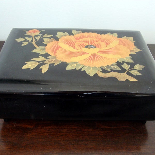 Vintage Jewelry Box by Sankyo Shuji Lovely Black Lacquer Musical