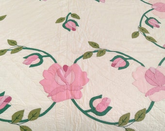 Vintage Quilt PINK ROSE RINGS Hand Stitched Full 74 x 90 Shabby Cottage
