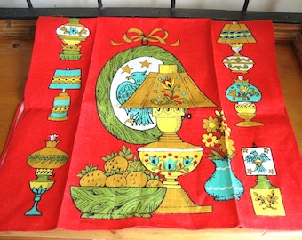 Pano de prato vintage de linho, novo, nunca usado, peça de estoque antigo, decoração de fazenda dos anos 1950.