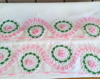 Vintage King Pillowcase Set Pink Irish Roses Hand Crocheted Shabby Cottage Lovely!