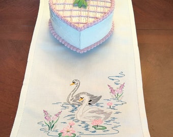 Vintage Embroidered Table Runner SWANS on POND White Cotton Waffle Runner 12 X 36