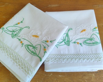 Vintage Embroidered Pillowcases Embroidered WHITE CALLA LILY