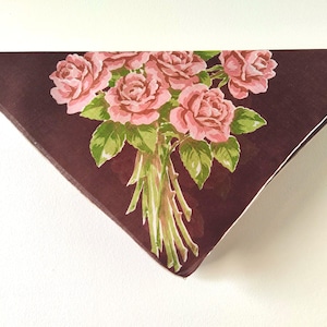 Vintage Hankie Pink Roses on Chocolate Handkerchief 15&quot; x 15&quot;