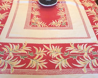 Vintage Tischdecke BLATTWEDEL auf rot Mid Century 56 X 64