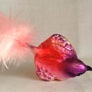 Vintage Figural Bird Glass Christmas Ornament SPARROW Clip On Ornament with Pink Tail Feathers image 3