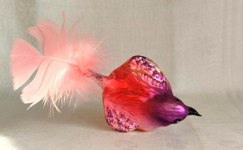 Vintage Figural Bird Glass Christmas Ornament SPARROW Clip On Ornament with Pink Tail Feathers image 3