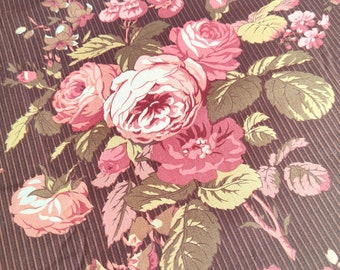 Vintage Cotton Fabric PINK ROSES on Chocolate Pinstripes 24 X 36