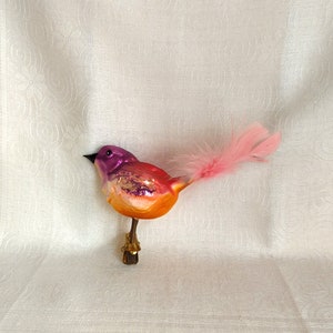 Vintage Figural Bird Glass Christmas Ornament SPARROW Clip On Ornament with Pink Tail Feathers image 7