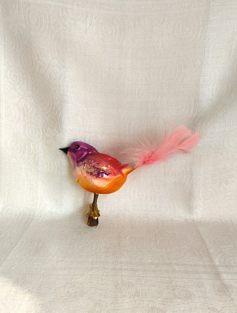 Vintage Figural Bird Glass Christmas Ornament SPARROW Clip On Ornament with Pink Tail Feathers image 7