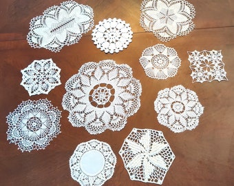 11 Vintage Doilies Hand Crocheted White Shabby Cottage, Art Supplies, Junk Journaling